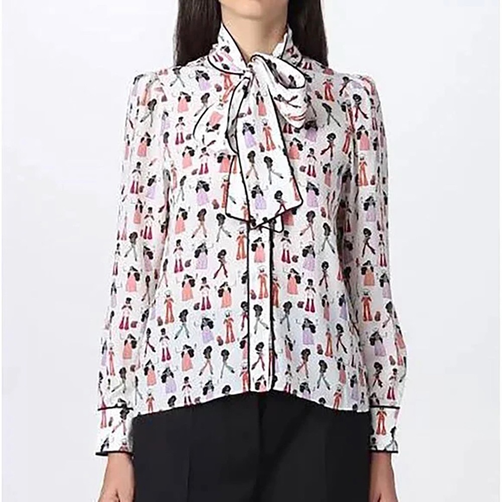 Alice + Olivia Jeannie Chef Stace Face Bow Tie Neck Silk Blouse Top Piping XS